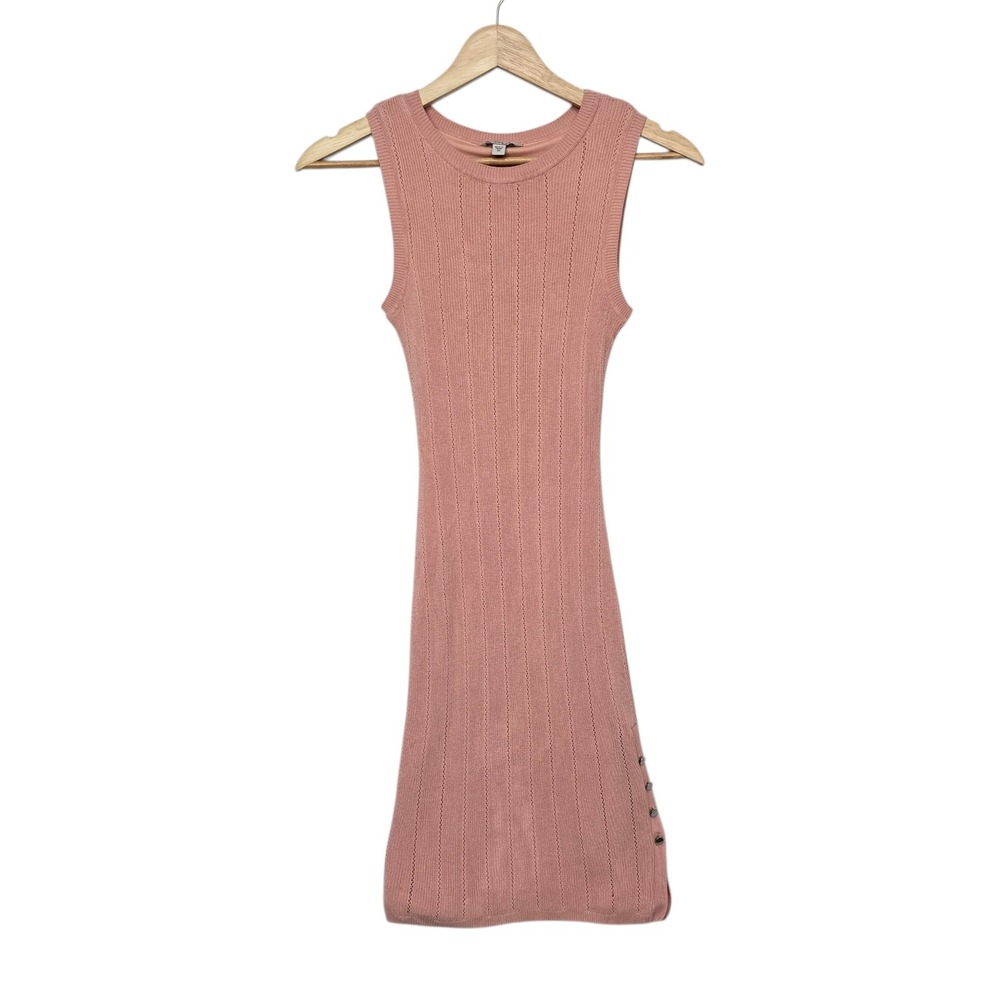 GUESS Womens Pink Pointelle Ribbed‎ Sleeveless Knit Sheath Dress Side Button XS